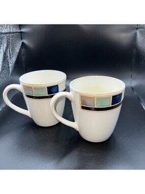 Gibson Elite Stoneware Coffee Mugs 12 Oz Set Of 2 White With Blue & Green Design